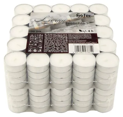 Zdjęcie produktu dla Hofer Tea lights białe świeczki - zestaw 200 sztuk - Ø 38 mm - długi czas palenia 4 godziny - bezzapachowe świeczki w metalowych pudełkach