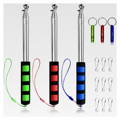 Produktbild von Teleskop Fahnenmast Set, 3 ausziehbare Fahnenstangen 2M mit 9 Karabinerhaken und 3 Trillerpfeifen, tragbarer Edelstahl Fahnenmast für Flaggen und Camping