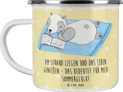 Produktbild von Mr. & Mrs. Panda Emaille Tasse Sommerglück - Gelb Pastell - Geschenk, Frühling, Strand, Summer Feelings, Wetter während des Jahres, Strandprodukte, Sommerferien, Kuscheln