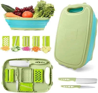 Immagine prodotto di Set multifunzione 9-in-1: tagliere, affettatrice per verdure, tagliere da campeggio, sistema portatile di raccolta dei liquidi, tagliere da campeggio per barbecue all'aperto, set da cucina per campeggio