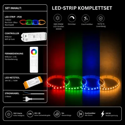 Produktbild von LED Streifen Set RGBW – SMD LED Streifen 24V, 4-in-1, 19,2 W/m, 5m, RGB + Warmweiß 3000K – SS150 Netzteil, WL5 WiFi Controller und C5 Fernbedienung Weiß