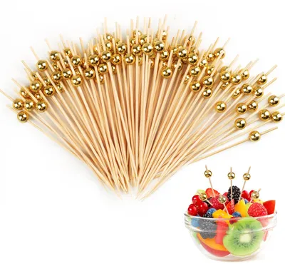 Productafbeelding van 100 Stuks Houten Cocktailspiezen met Gouden Parels