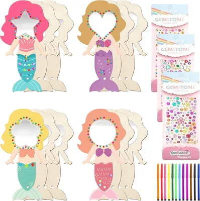 Productafbeelding van Zeemeermin-knutselen, 12 stuks doe-het-zelf houten handwerk voor kinderen, schilderen, mini-prinsessenspiegel, knutselen
