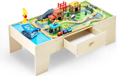 Image de Table d'activités en bois VEVOR, 62 pièces, table d'enfant avec grand tiroir, set de train 3 en 1 pour jouer, peindre, lire, manger, set de jouets créatifs pour enfants de 3 ans et plus