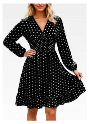 Produktbild von Damen Winterkleid mit V-Ausschnitt und langen Ärmeln, Rüschensaum, Freizeitkleid im A-Linien-Stil, knielanges Blumenkleid, leichtes Wickelkleid