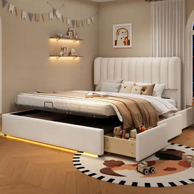Produktbild von Merax Polsterbett 140x200 mit Gasdruckfeder, Kinderbett mit Bettkasten Hydraulik und 3 Schubladen, Stauraumbett mit LED Licht aus Samt, Beige