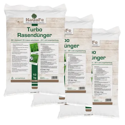 Produktbild von 30kg (3 x 10kg) HaGaFe Turbo Rasendünger, mit 30% Stickstoff, Spezialdünger, Rasen - Dünger mit 120 Tage LZW, 30 Kg Für 1500 m²