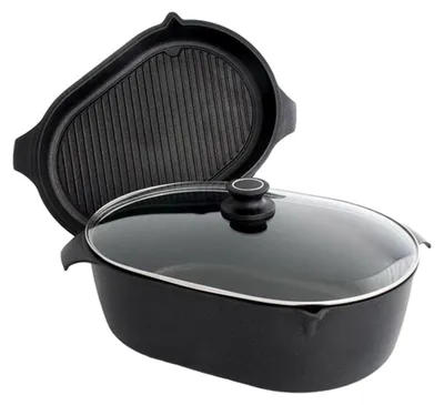 Produktbild von 3er-Set Bräter mit Gußbräterdeckel und Glasdeckel, 42 x 28 cm, induktionsgeeignet, Lotan® Antihaftbeschichtung, Gusspfanne