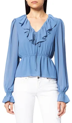 Produktbild von NA-KD Damen Chiffonbluse mit Rüschen, V-Ausschnitt, blau, 40