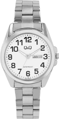 Produktbild von Q&Q Herrenuhr mit Edelstahlarmband, Datums- und Wochentagsanzeige, silberfarben
