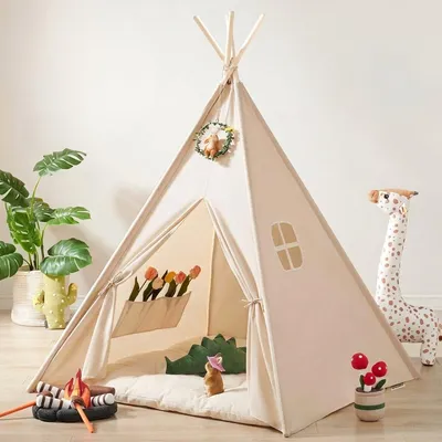 Produktbild von Homeblend Tipi Zelt für Kinder 120x120x150 cm – Spielzelt für Jungen & Mädchen – Kinderzelt mit Fenstern – Spielhaus fürs Kinderzimmer – Baumwolle – Creme Boho-Stil