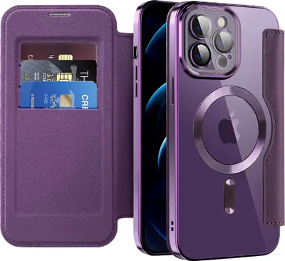 Produktbild von Klapphülle für iPhone 12 Pro Max Kompatibel mit Magsafe, Klar Überzug Kartenhalter Ledertasche mit Kameraschutz Lila
