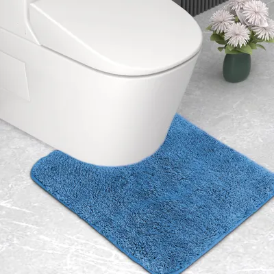 Image de Tapis de bain en microfibre, tapis de WC, tapis de bain extra-épais (2 cm), tapis de salle de bain ultra-absorbant, 50 x 50 cm, en forme de U, bleu