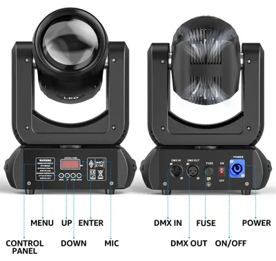 Zdjęcie produktu dla Oświetlenie sceniczne – reflektor ruchomy 150 W – 18 pryzmatów – 8 kolorów – 8 szablonów (gobos) – sterowanie DMX – zestaw 2 sztuki, wtyczka EU
