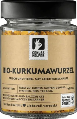 Produktbild von Kurkumawurzel , geschnitten, ideal für Kurkumatee, Gewürz zum Braten und für Soßen, 95g im Glas