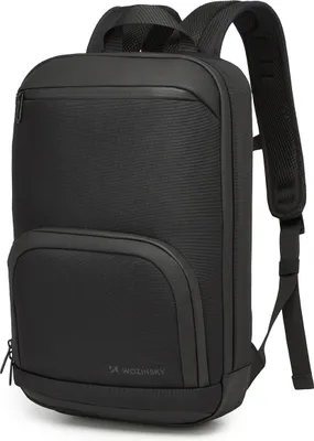 A black backpack is shown from the front, angled slightly to the left.