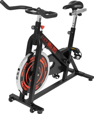A black indoor cycling bike with red accents is shown against a white background.