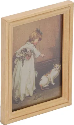 Produktbild von Puppenhaus Mini bemalter Holzrahmen Mädchen und Katze niedlich exquisites tragbares Miniaturbild für 1/12