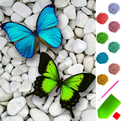 Produktbild von ARTULIO - Diamond Painting Set - Zwei Bunte Schmetterlinge auf Weißen Steinen - 40 × 30 cm - Bilder DIY, Crystal Art, Komplettset Mosaik + Zubehör
