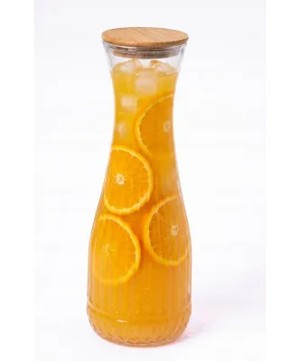 Produktbild von Glaskaraffe 1L mit Holzdeckel – Geriffelte Glas Wasserkaraffe, Eleganter Saftkrug & Wasserkrug für Limonade, Eistee, Heiß- & Kaltgetränke