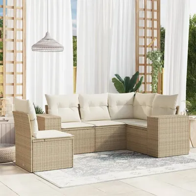 Produktbild von Design 5-tlg. Garten-Sofagarnitur mit Kissen Beige Poly Rattan, Gartenmöbel-Sets 2024 Neu