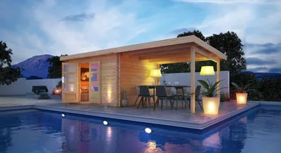 Produktbild von Gartenhaus Blockbohlenhaus Gerätehaus Bastrup 7 im Set mit Anbaudach 4 m breit naturbelassen 739x297x222 cm