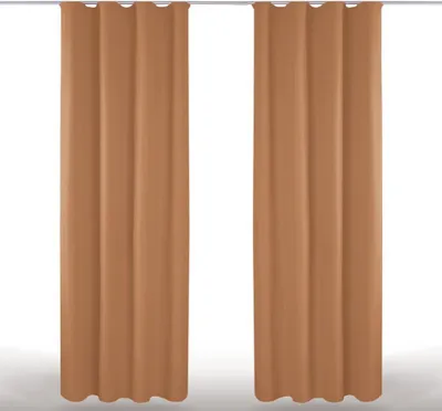 Two brown curtains hanging from a rod.