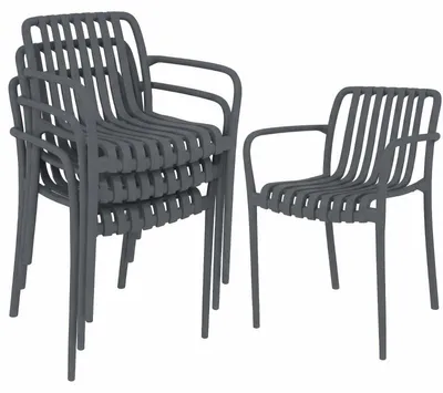 Produktbild von Gartenstühle 4er Set Stapelbare Terrassenstühle mit Lamelldesign Armlehnen, Ergonomisch Dunkelgrau