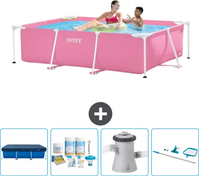 Produktbild von Intex-Schwimmbecken mit rechteckigem Rahmen – 220 x 150 x 60 cm – Rosa – im Lieferumfang enthalten Abdeckung - Wartungspaket - Filterpumpe für Schwimmbad - Reinigungskit