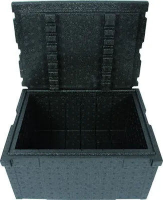 An open black insulated container.
