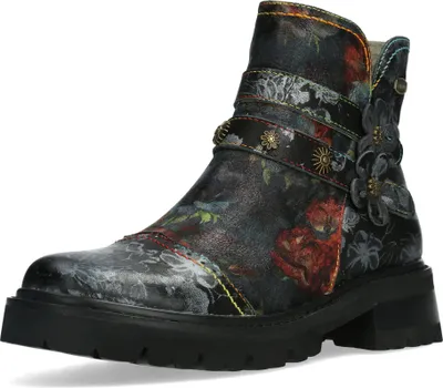 Produktbild von Laura Vita Damen Stiefelette Leder mit Blumenmuster und florale Nieten Kouleo 43, Größe:37 EU, Farbe:Schwarz