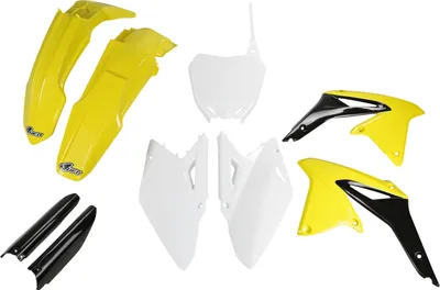 Obrázok produktu pre Súprava kapotáže UFO PLAST, 9-dielna súprava kapotáže z plastu s ochranou vidlice pre Suzuki RM-Z 450 cm³, modelové roky 2008 – 2017, farba: žltá / biela / čierna