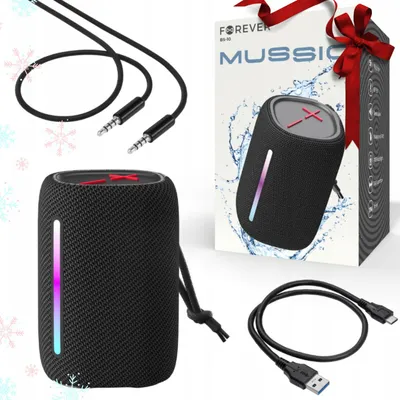 A product shot of a Bluetooth speaker and its accessories, presented as a gift.