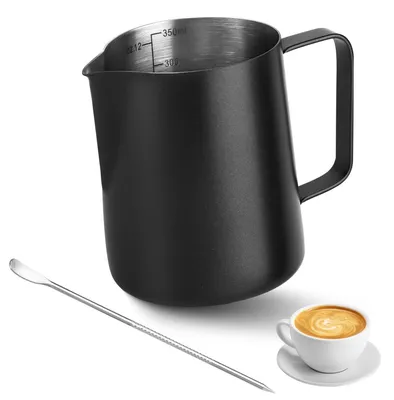 Produktbild von Milchkännchen aus Edelstahl, 350 ml, schwarzer Kaffee-Milchschaumer mit Barista-Zubehör
