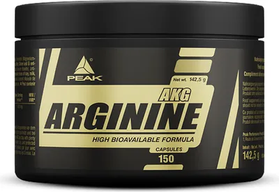 A black and gold tub of Arginine AKG capsules.