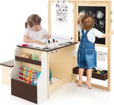 Produktbild von 3 in 1 Kinder Staffelei, höhenverstellbares Kinder Tisch Stuhl Set mit Strauraum, Papierrolle, Ablagefächer & Bücherregal, Maltisch Set für Kinder ab 3 Jahren (Kaffee)