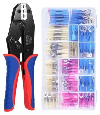 Immagine prodotto di Pinza crimpatrice per cavi AWG 22–10, con 120 connettori termorestringenti