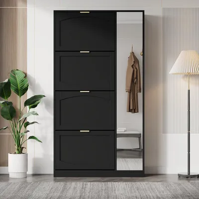 Image de Armoire à chaussures moderne avec miroir, 4 compartiments rabattables, étagères réglables, peu encombrante, pour l'entrée, L80 x H147 x P24 cm, noir