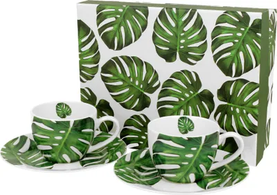 Produktbild von DUO FLORAL 2er-Set Espressotassen 90 ml MONSTERA mit Untertassen, New Bone China Porzellan