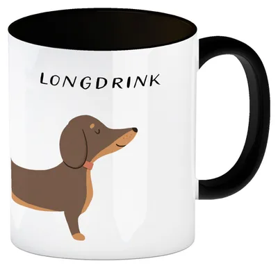 Produktbild von Dackel Kaffeebecher in schwarz mit Spruch Longdrink