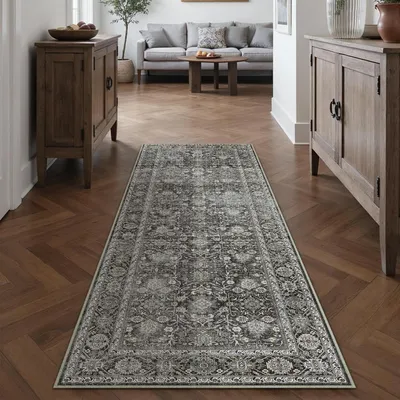 Productafbeelding van Läufer vloerkleed, vintage design, zwart, 60x180 cm, wasbaar, polyester, antislip