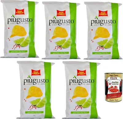 Produktbild von San Carlo Più Gusto Lime e Pepe Rosa Patatine, Limette und Rosa Pfeffer, Kartoffelchips Chips, 5x 150g Beutel + Italian Gourmet polpa 400g