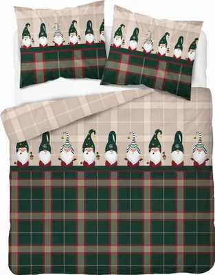 Produktbild von Weihnachtsbettwäsche-Set 160x200 cm, Weihnachtselfen-Karo, Grün, 100% Baumwolle