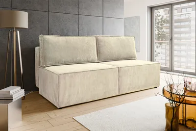 Zdjęcie produktu dla BESILIO Dwuosobowa sofa rozkładana 192 cm Flabia - Kanapa z funkcją spania i pojemnikiem na pościel, Tkanina sztruksowa - kremowa & Poso 105