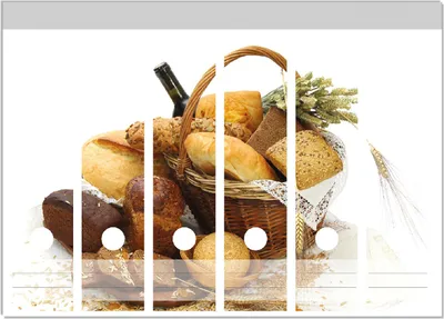 Produktbild von Wallario Ordnerrücken Sticker, selbstklebend für breite Ordner, 6 Stück, Motiv Brot und Brötchen im eleganten Korb - mit Wein und Getreide