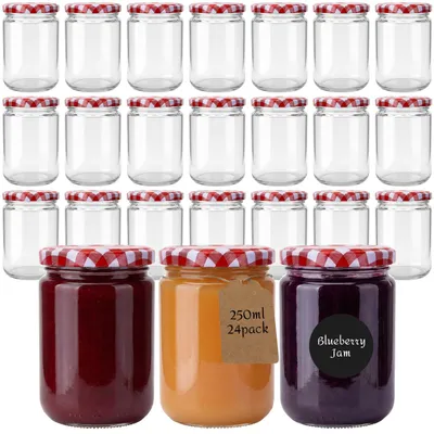 Einmachgläser 250 ml, 24er Set mit rot kariertem Deckel