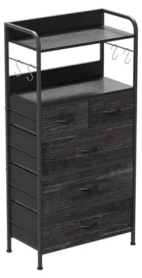 Image de Commode - Meuble à tiroirs avec 5 tiroirs en tissu - Structure métallique - Chambre à coucher/salon/couloir - 60 x 30 x 120 cm - Noir