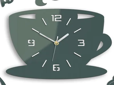 A modern wall clock shaped like a coffee cup, displayed against a white background.