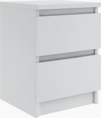 A white two-drawer nightstand or small dresser is shown from a three-quarter side view against a white background.