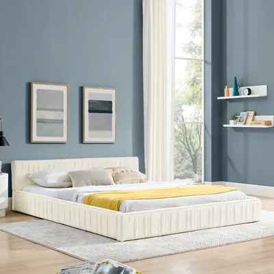 Produktbild von Einzelbett 160x200cm Kinderbett Samtweiches Chenille Bezug Ökologisches Eukalyptusholz Stabiler Eisenrahmen Einfache Montage Beige Ohne Matratze